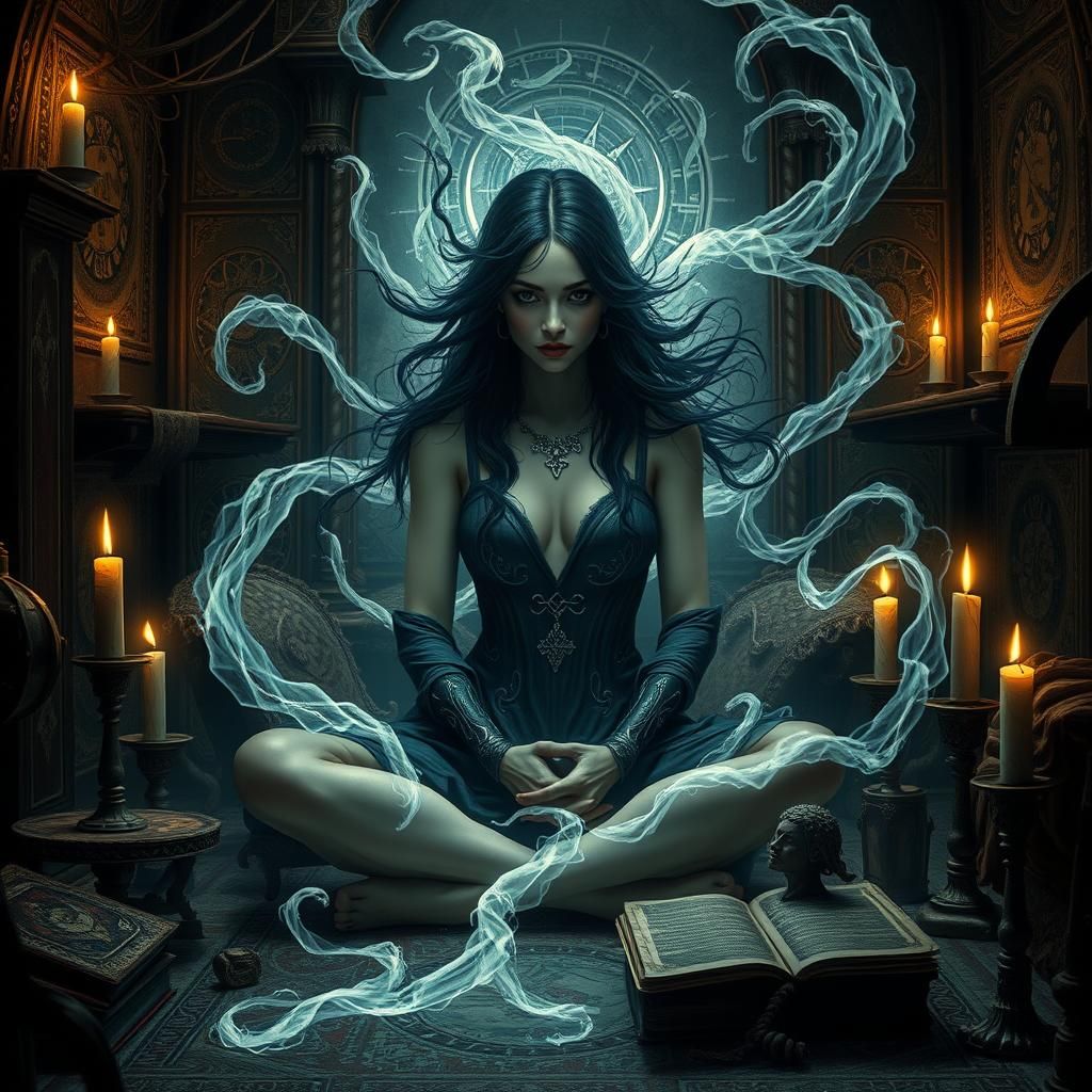 Mystical Woman Invoking Power in Dreamlike Chamber