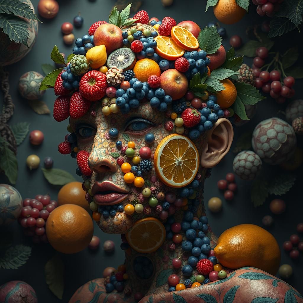 Fruit Mosaic Face in a Surreal Dreamscape