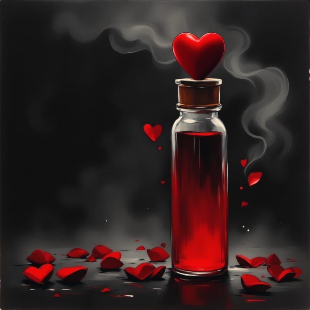 Witch Holds Fiery Love Potion Vial with Hearts and Smoke