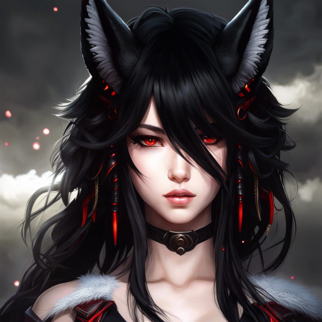 Photorealistic Wolf-Girl Warrior with Oni Horns