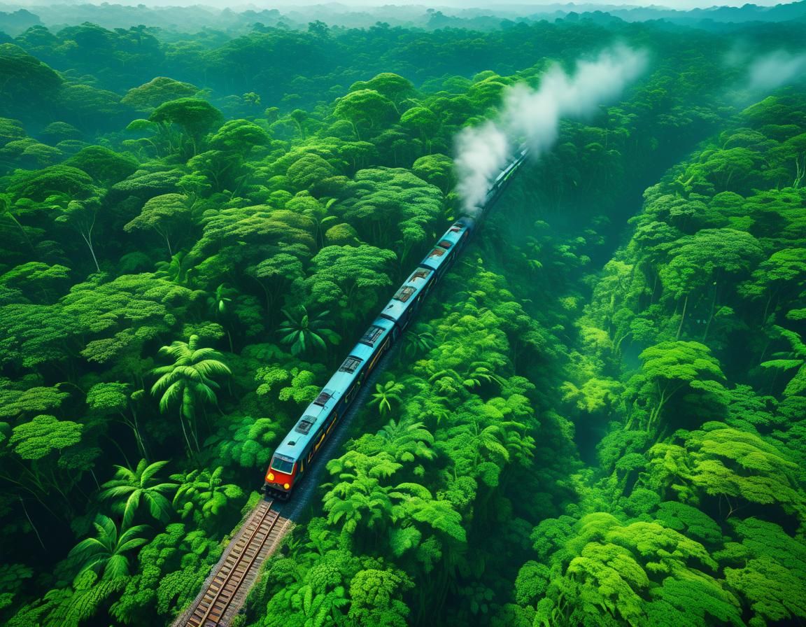 Long Train Journey Through Lush Jungle: Aerial View