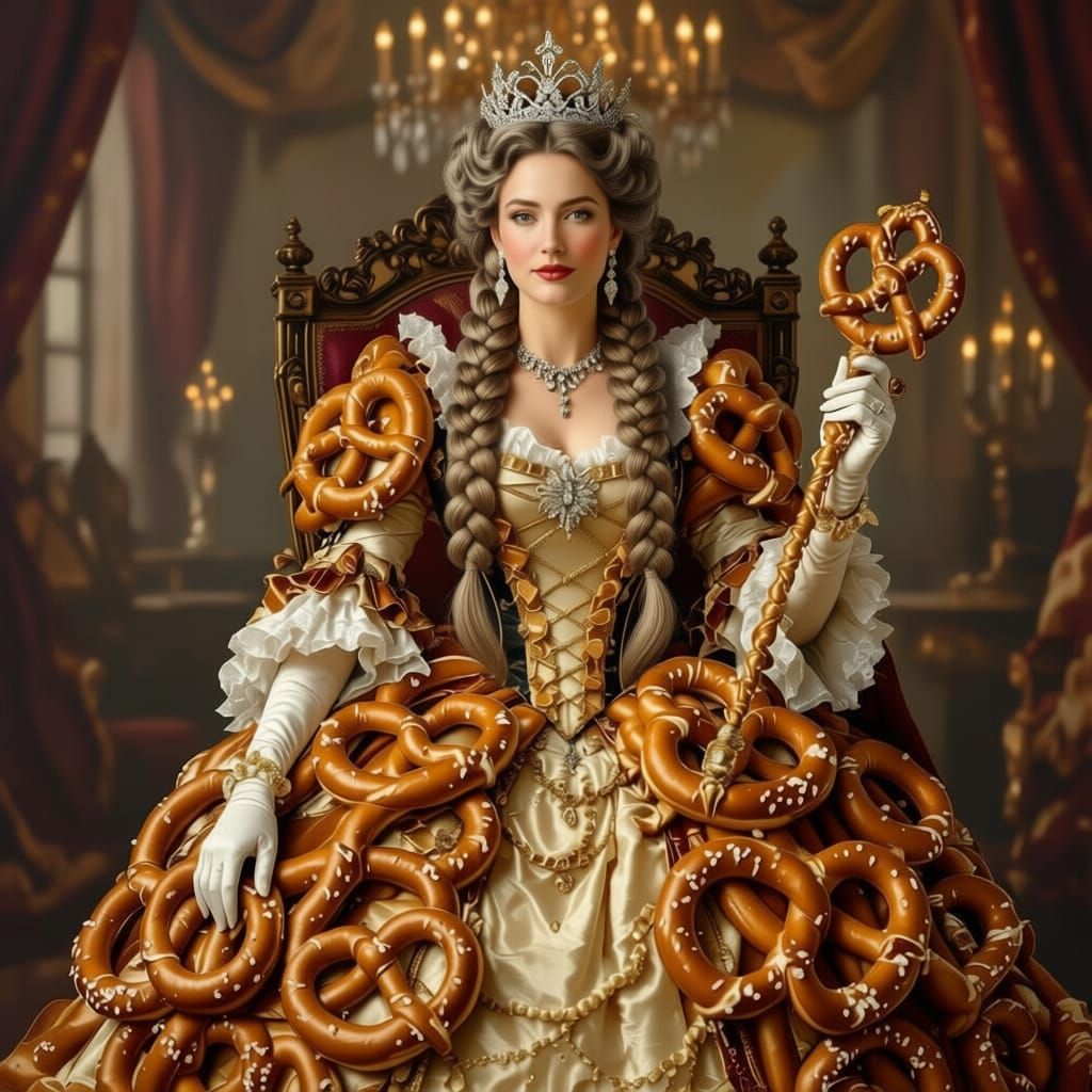 Regal Victorian Queen Portrait in Pretzel-Inspired Gown