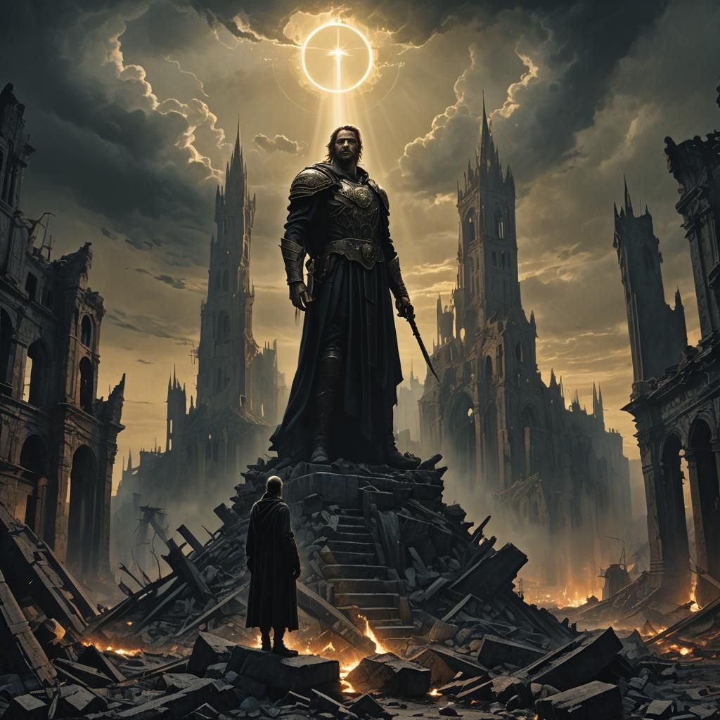 Victorious Prophet in Dark Gothic Cityscape
