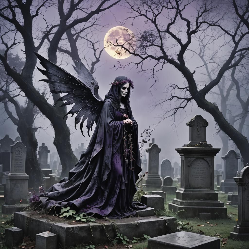 Gothic Fairy in Graveyard, Watercolor Painting