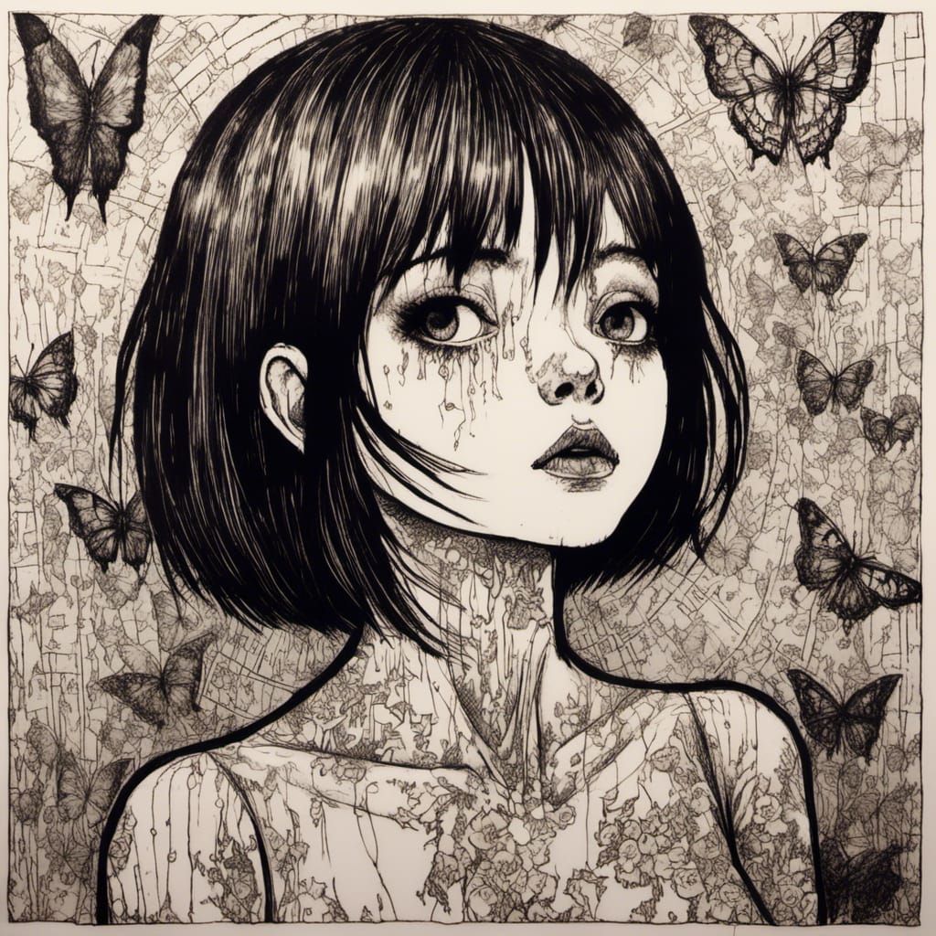 Girl in Art Brut Style with Macabre Theme