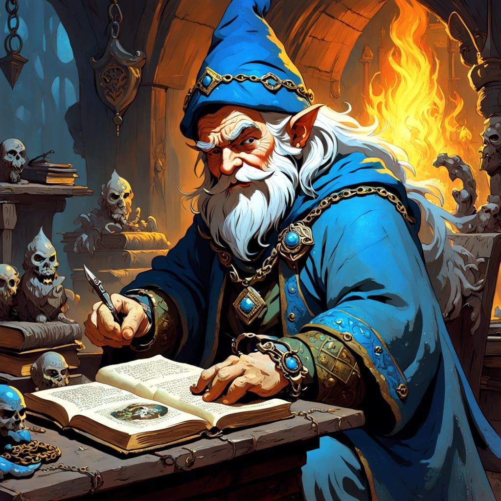 Elderly Gnome Wizard Studying in Cluttered Firelit Study