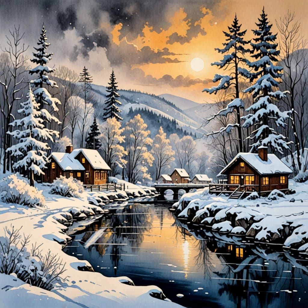 Breathtaking Winter Scene Ink Painting