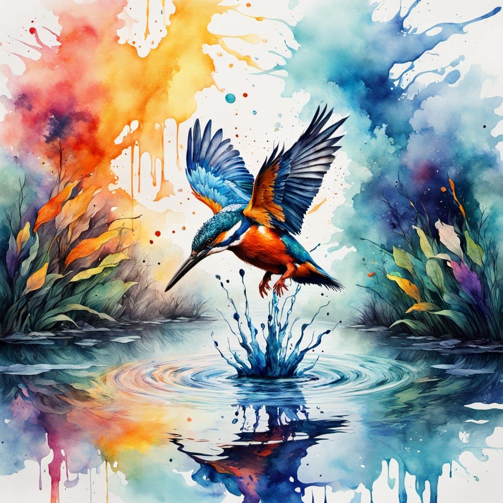 Kenyan Kingfisher Diving into Pond: Ink and Watercolour Art