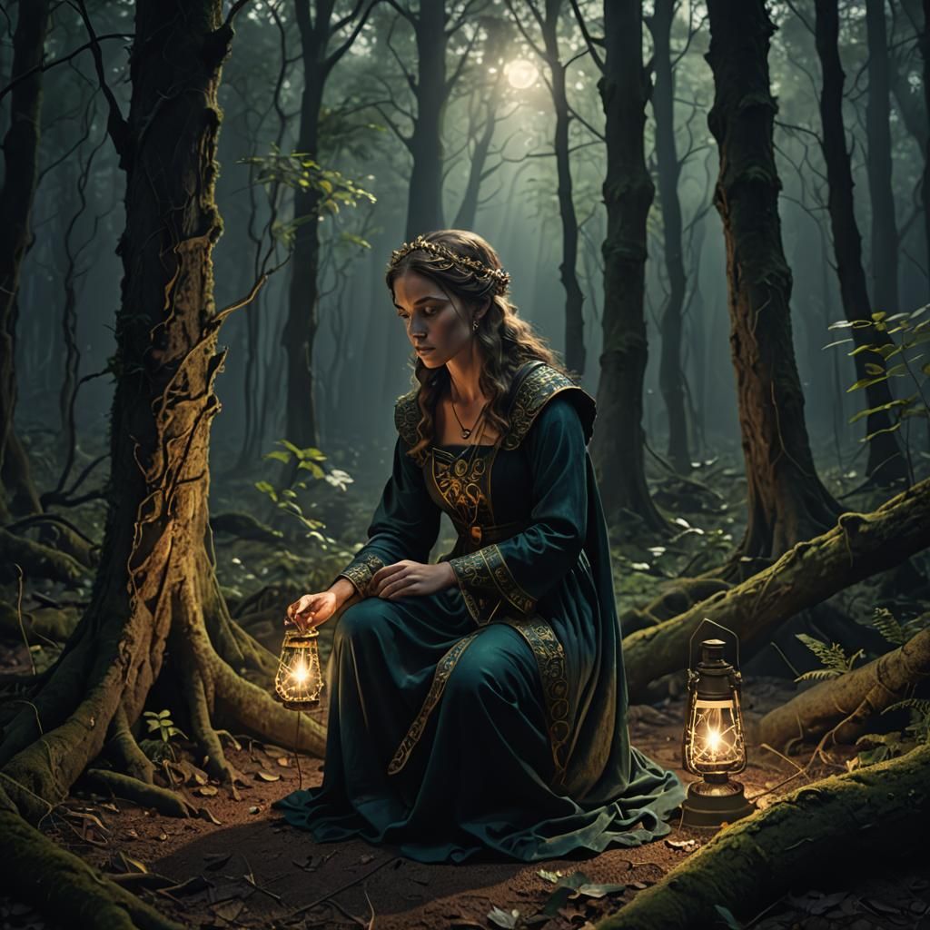 Ancient Woman with Lamp in Dark Forest