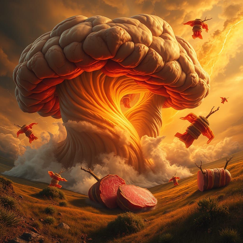 Surreal Pork Stormscape in Golden-Brown Cyberpunk Aesthetic