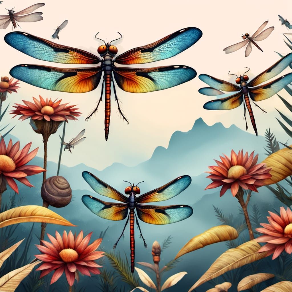 Dragonflies and Dinosaurs in Watercolor Prehistoric Scene