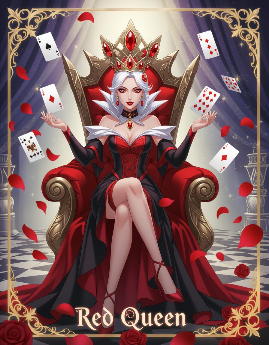 Red Queen in Gothic Dress on Throne, Anime Style