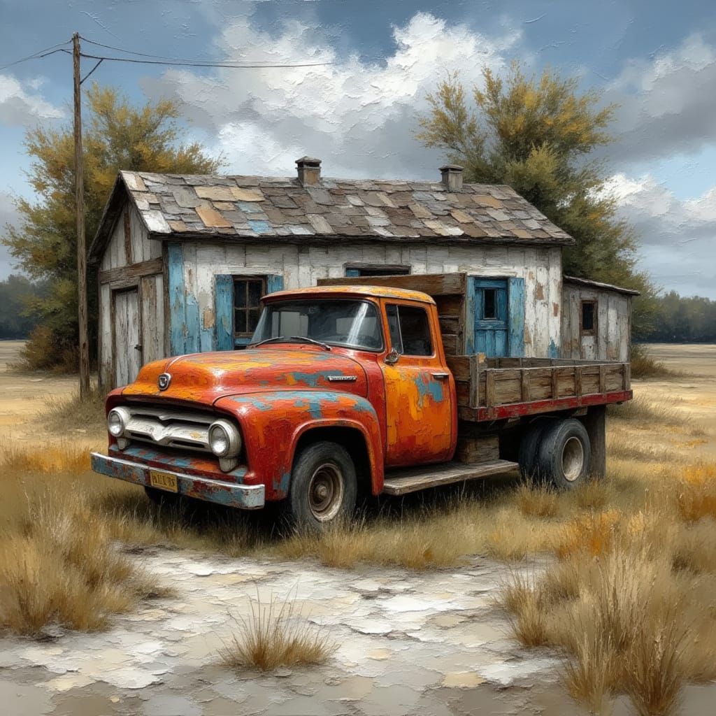 Rustic Old Pickup Truck Beside Shed Oil Painting