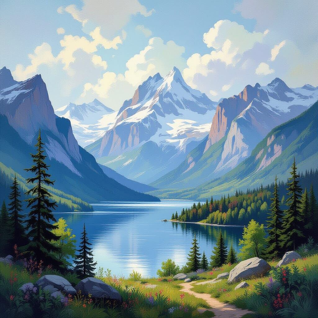 Epic Impressionist Landscape of Mountains and Trees