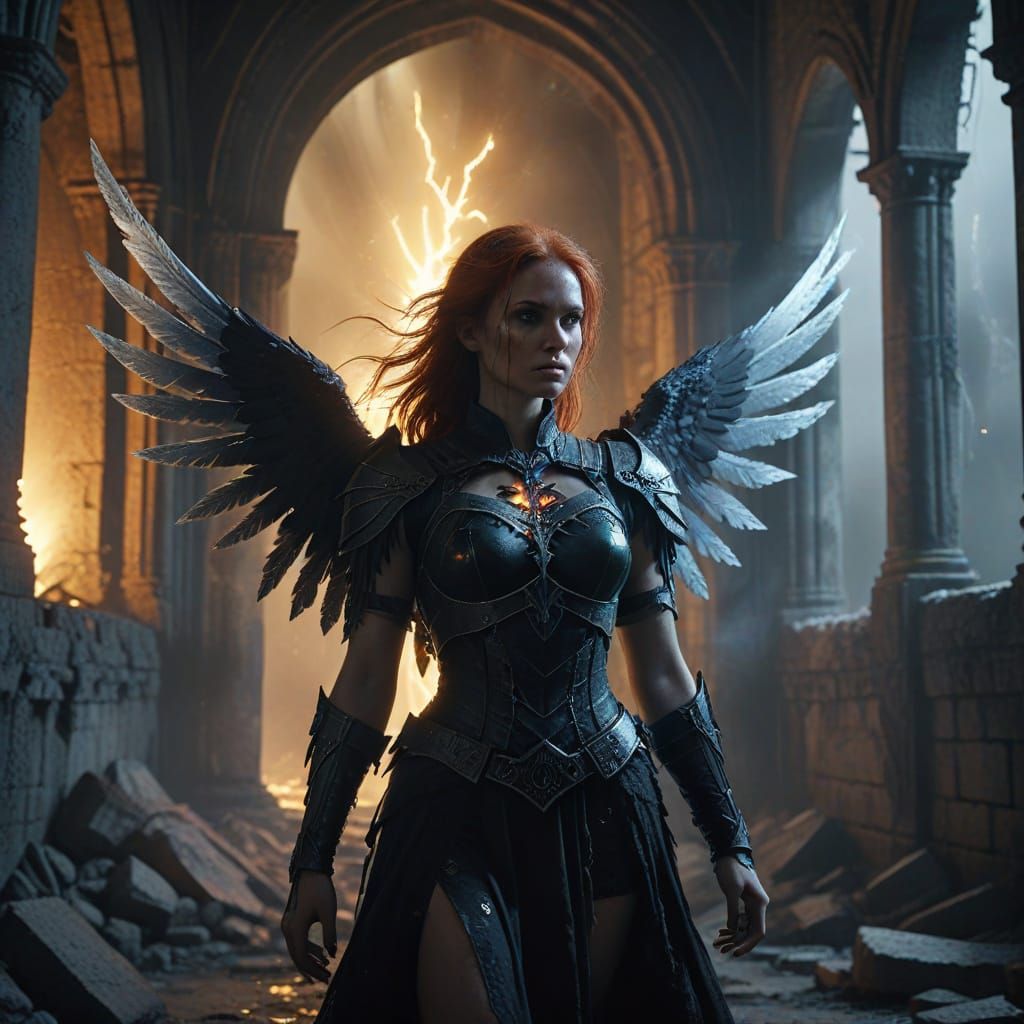 Ginger Angel in Gothic Ruins: Dark Fantasy Art