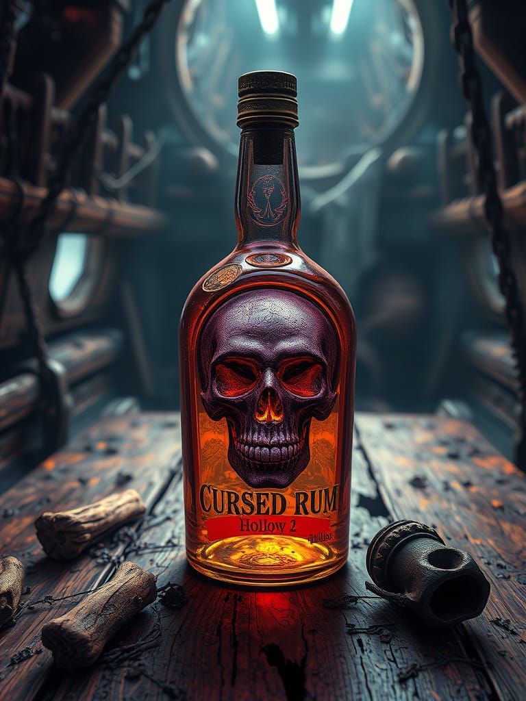 Dark Fantasy Rum Bottle with Skull Impression in Pirate Ship