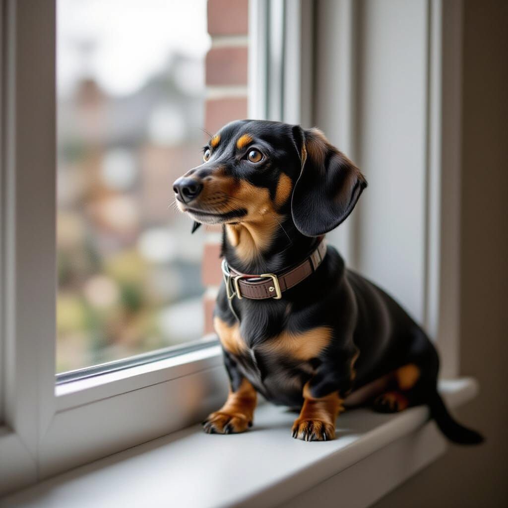 Miniature Dachshund Waiting at Window in Photorealistic Styl...