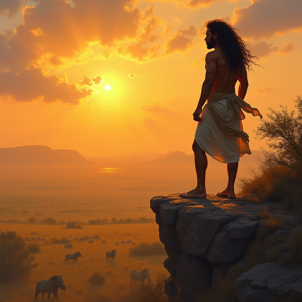 Majestic Man Overlooks Savanna in Hyperrealistic Style