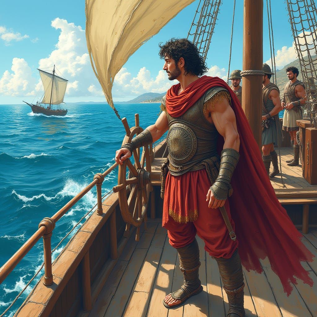 Anime-Style Greek Sailor Embarks on Mediterranean Voyage