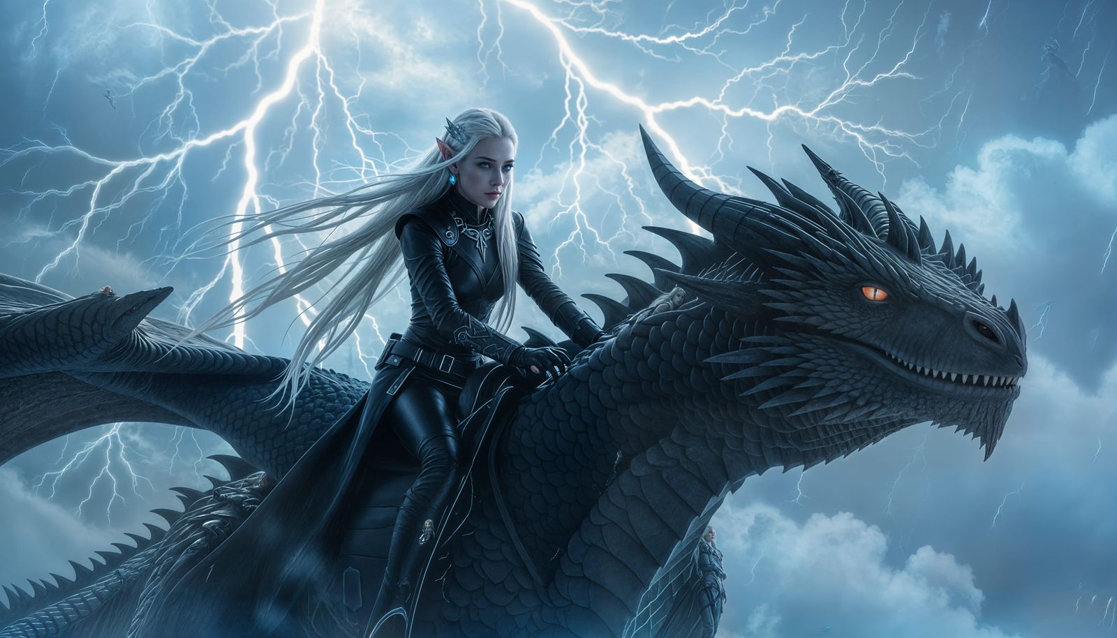 Elven Girl Rides Dragon Through Stormy Skies
