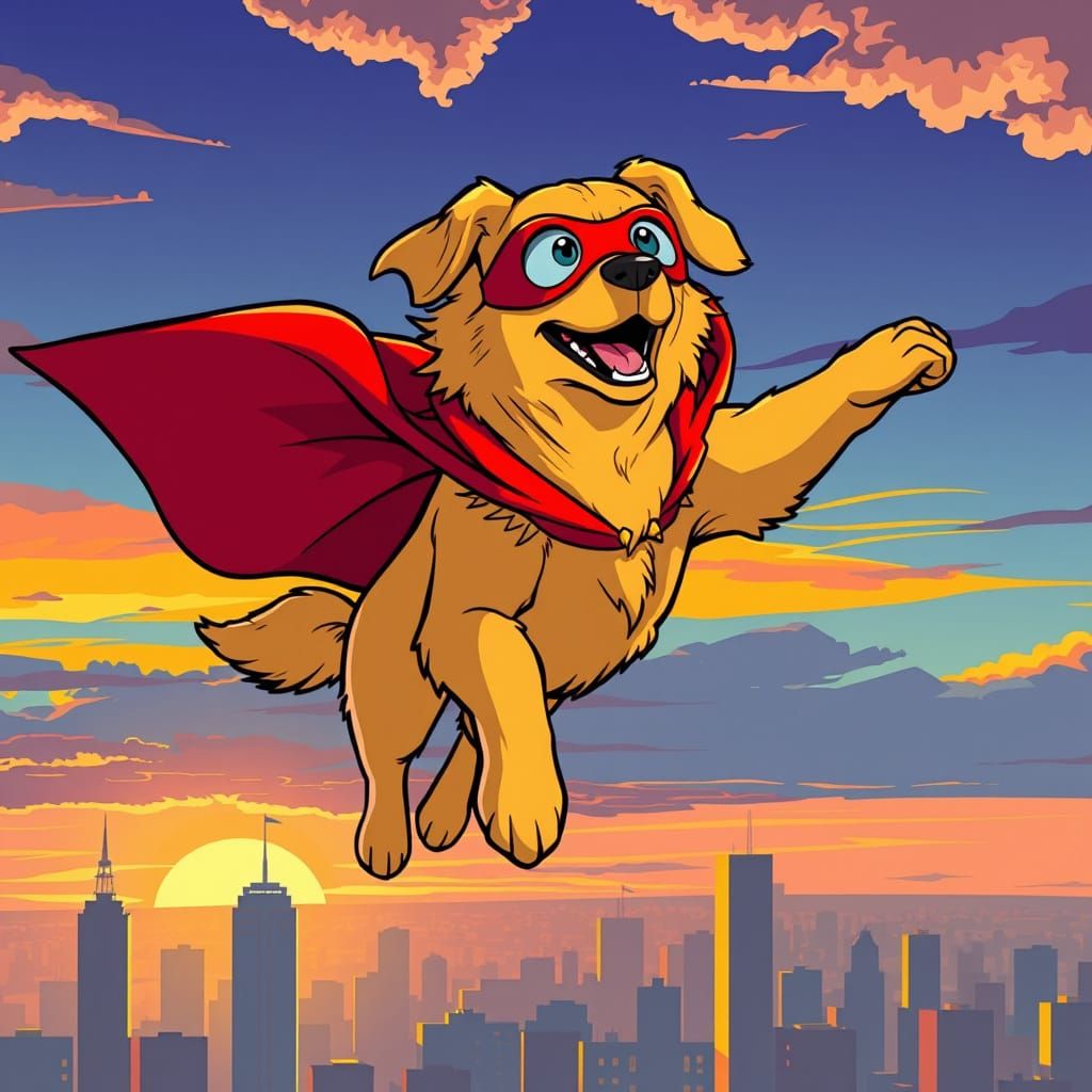 Super Canine Hero Soars Over City at Sunset