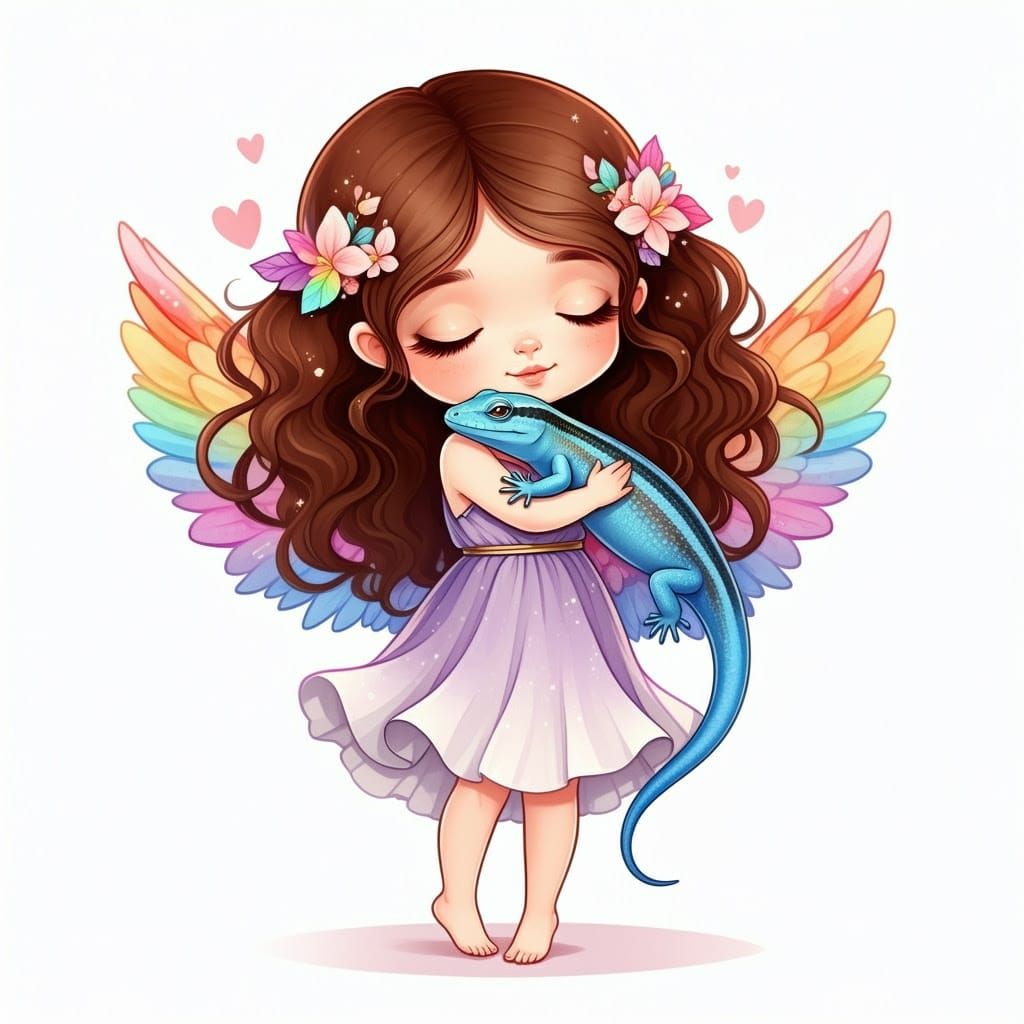 Chibi Inanna hugging blue-tailed skink lizard