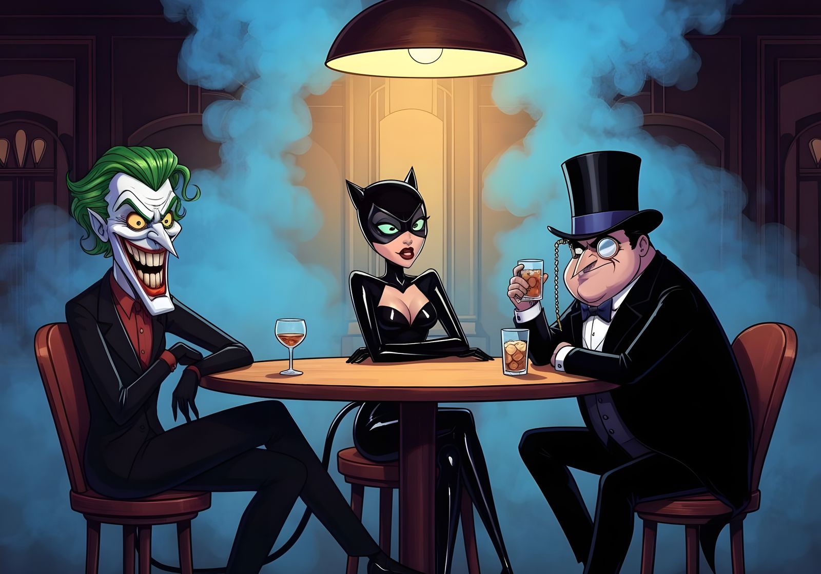 Vintage Noir Cartoon: Catwoman, Joker, and Penguin
