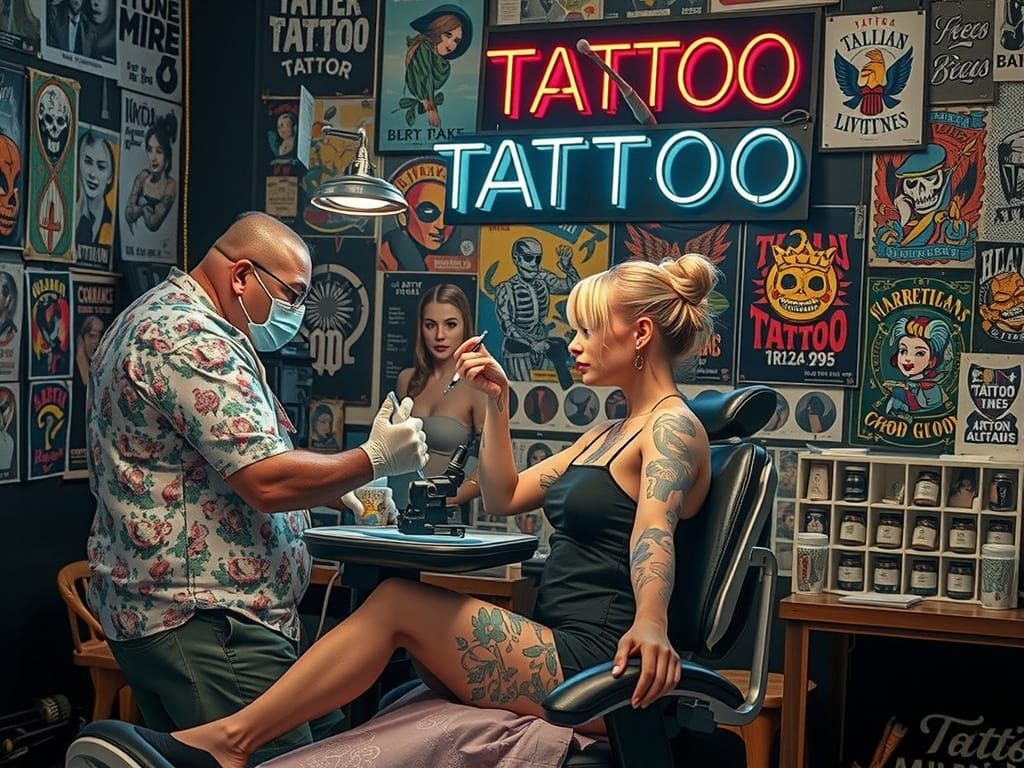 Vibrant Urban Tattoo Studio Captured in Neon Hues