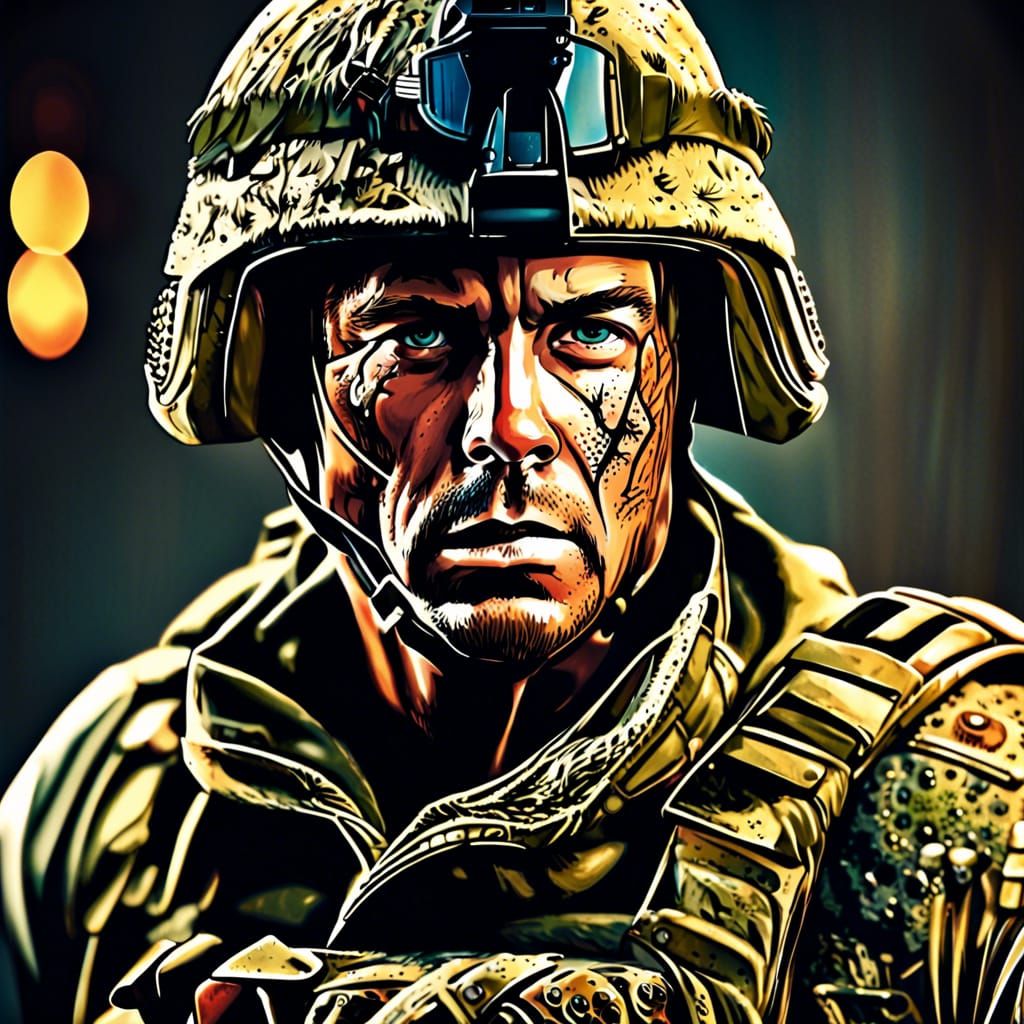 Detailed Portrait of a War-Weary Modern Soldier