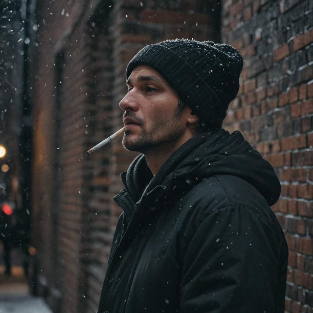 Man in Snow Leaning Against Brick Wall: Cinematic