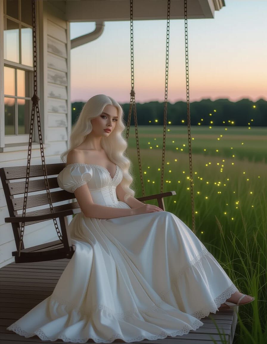 Ethereal Woman on Porch Swing at Dusk