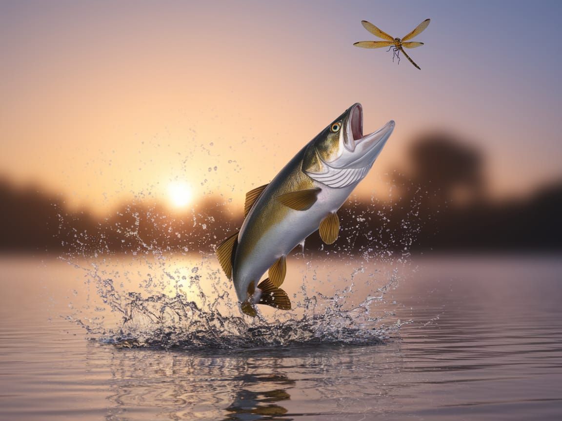 Vibrant Sunset Scene with a Fish Leaping and Dragonfly in Fl...