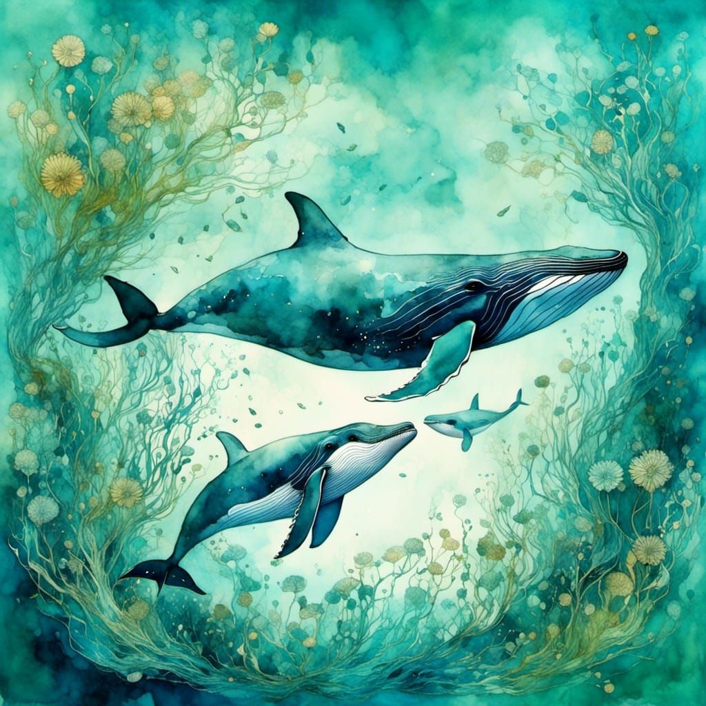 Watercolor Whale and Calf Double Exposure Illustration