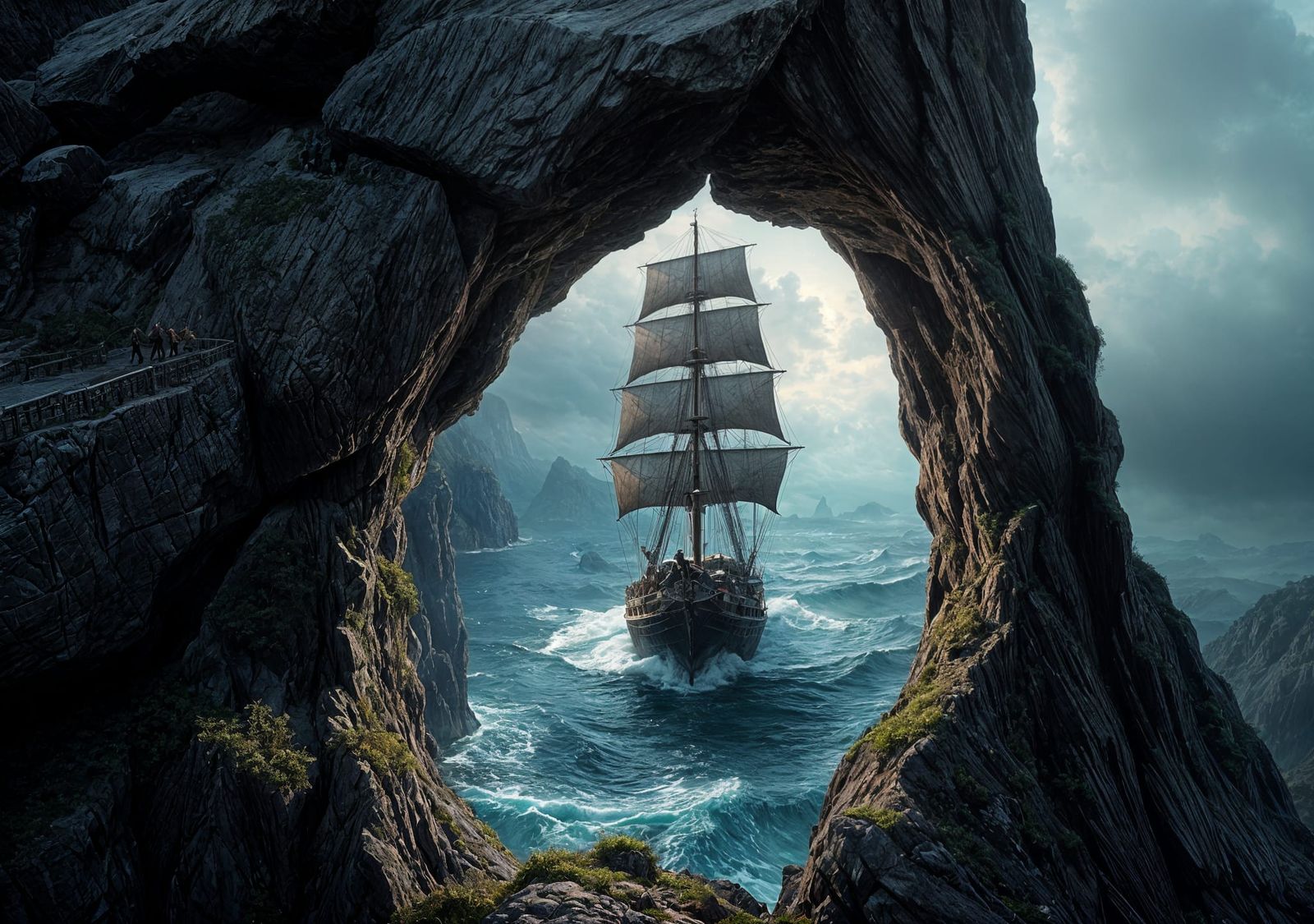 Cyberpunk Mountain Landscape with Volumetric Schooner in Sto...