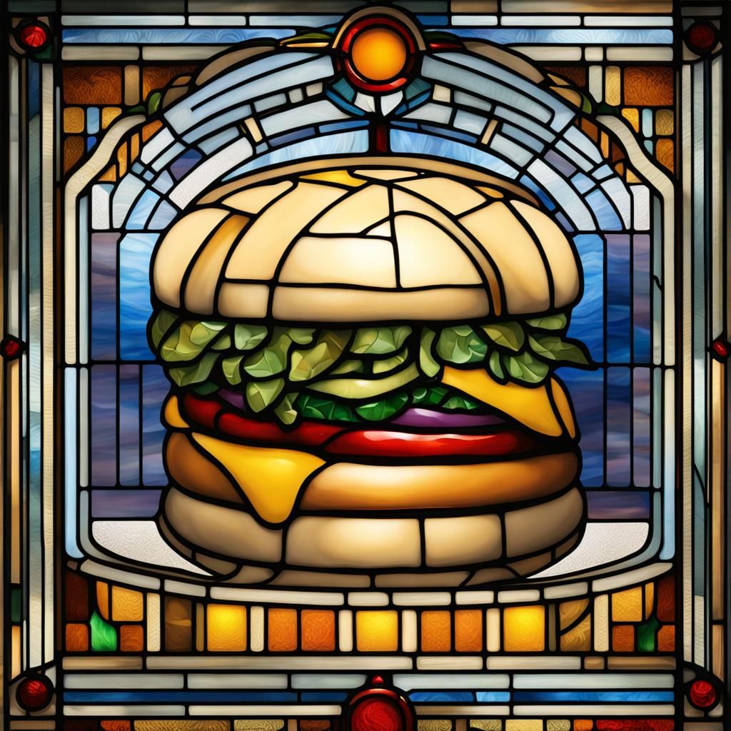 Stained glass window featuring a cheeseburger.