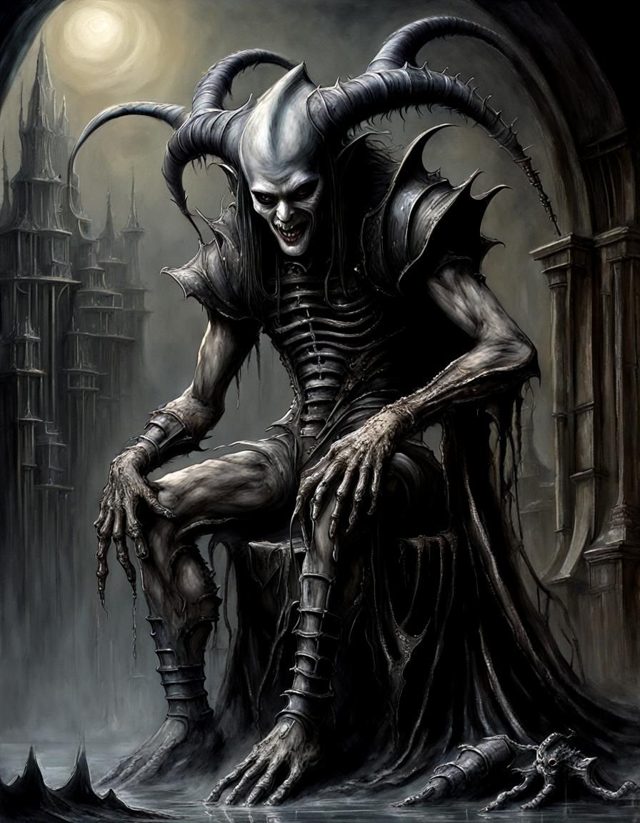 H.R. Giger/Horror/8k resolution concept art;
 This (beastly:1.2)+(ungodly jester:1.5) of wicked is taking hold moonscape...