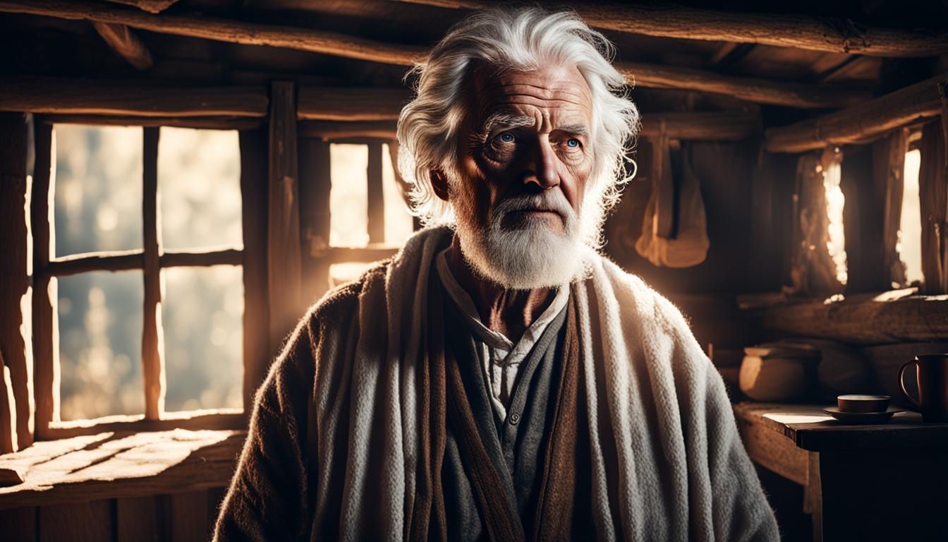 Biblical Man in Cabin: Cinematic Digital Illustration