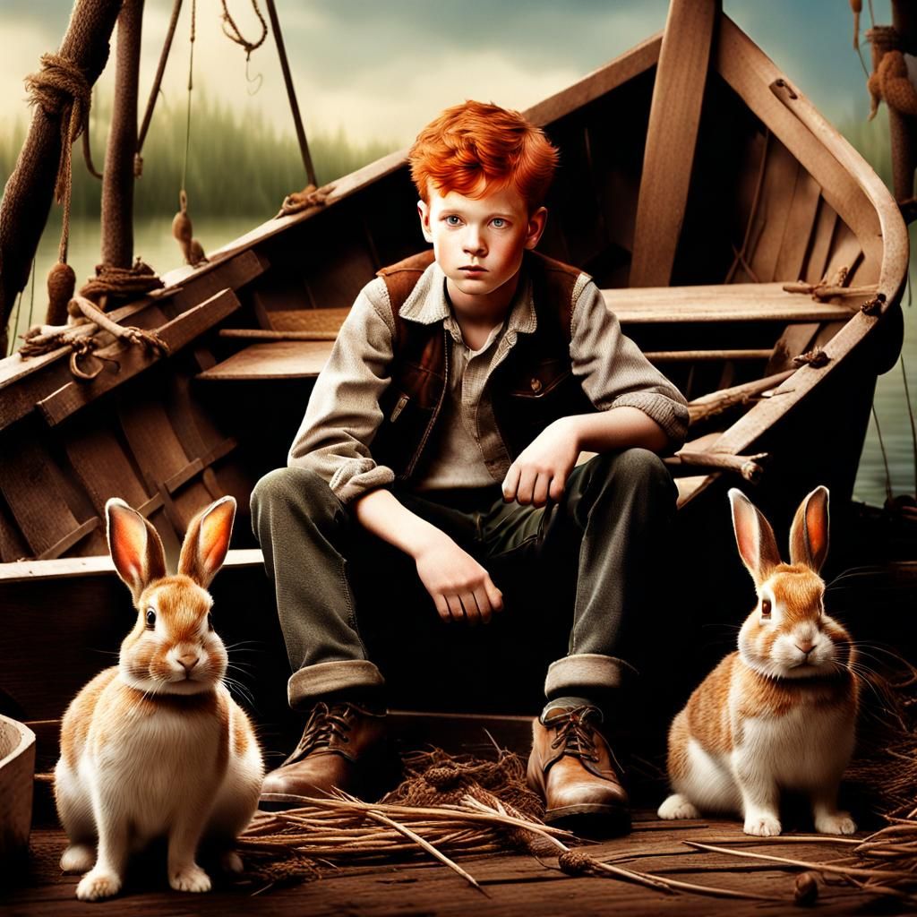 Boy in Boat Surrounded by Rabbits: Photorealistic Image