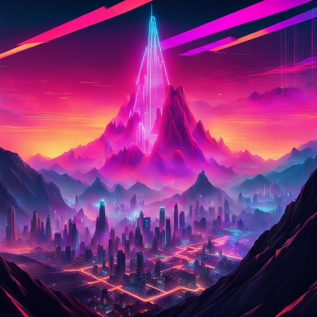 Digital Mountain Range with Cyberpunk Village in Cyberpunk S...