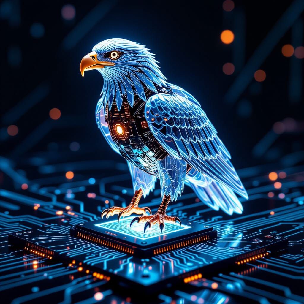 Biomechanical Crystal Eagle on Circuit Board in Dystopian Fu...