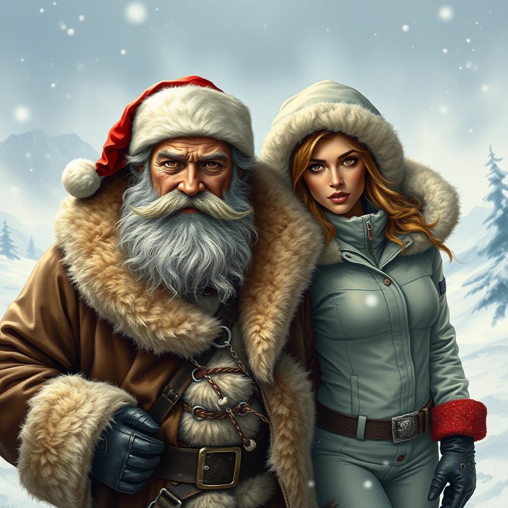 Weathered Santa Claus and Mrs. Claus in Snowy North Pole Lan...
