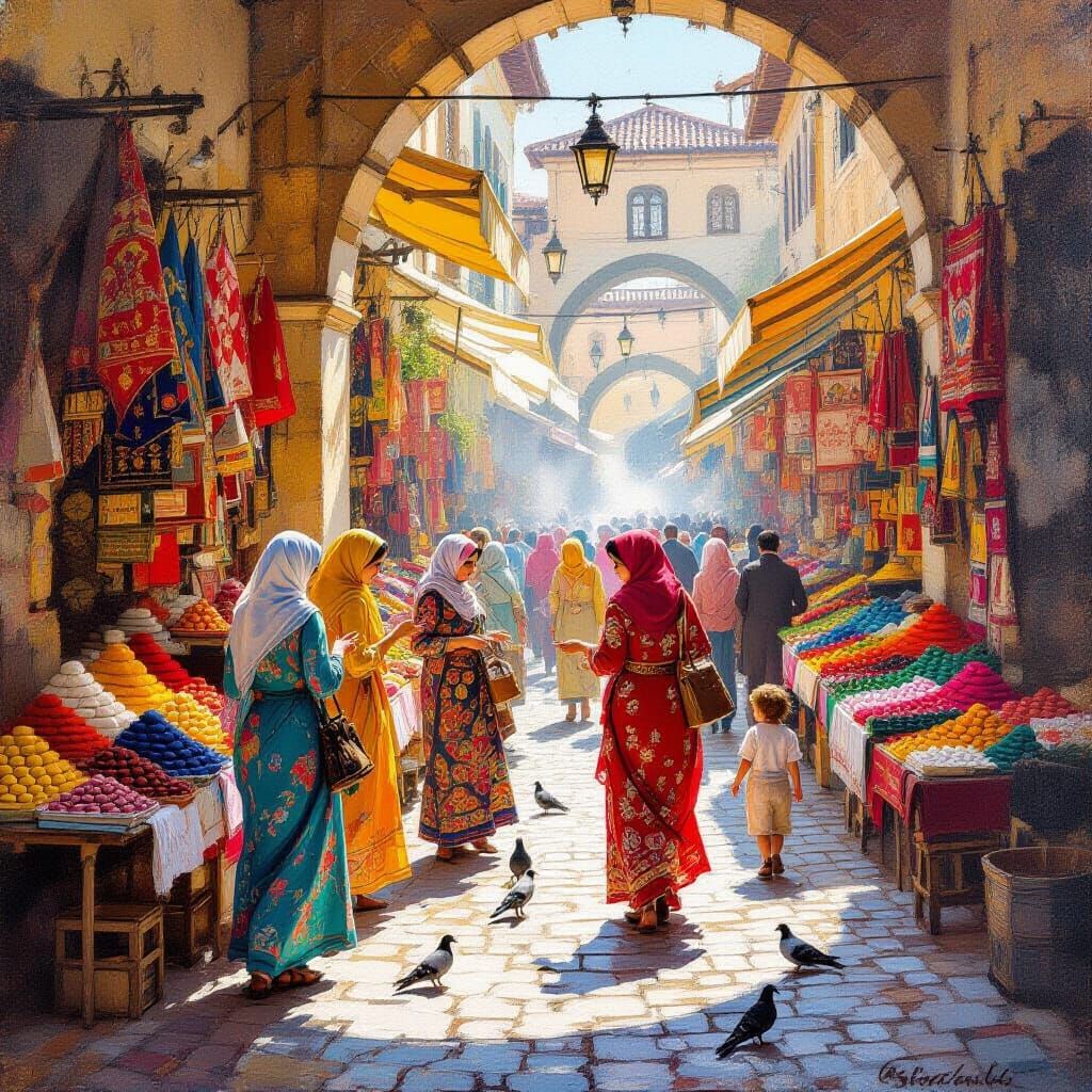 Bustling Turkish Market in Impressionist Style