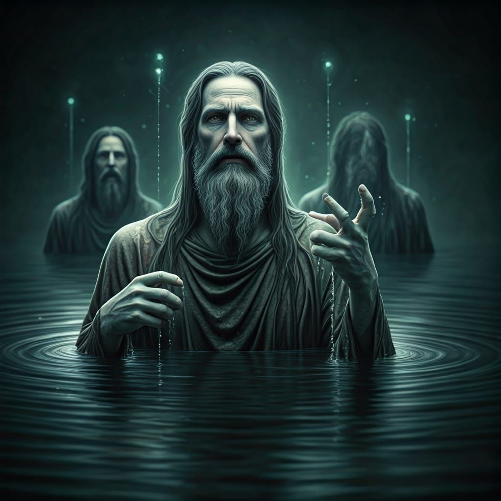 Ethereal Male Water Guardians Emerging from Enchanted Lake