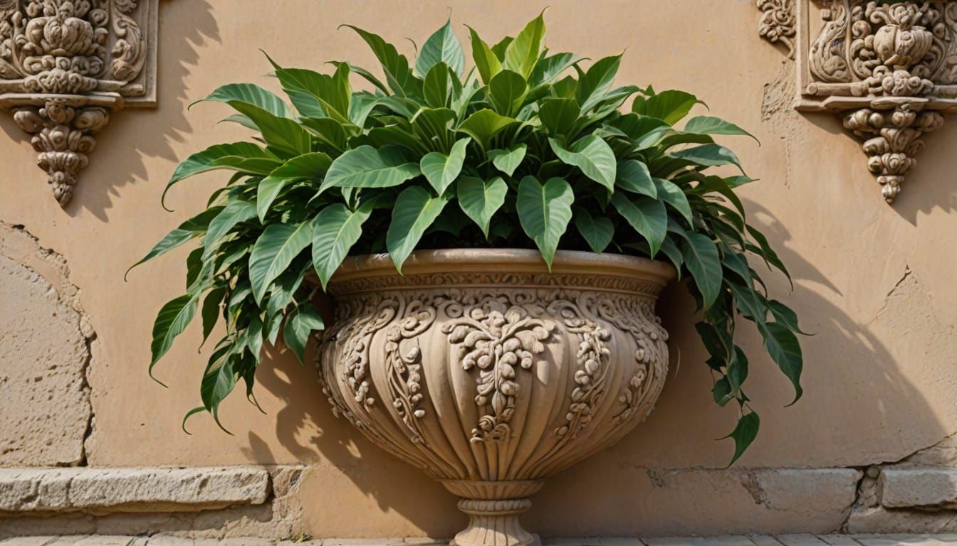 Vibrant Plant Thrives Amidst Ornate Pot and Weathered Stucco