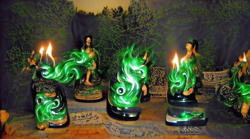 Mythical Spirits in Green Flames: A Fusion of Mythologies