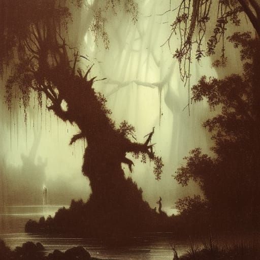 Horror Mangrove Tree in Dark Etching Style