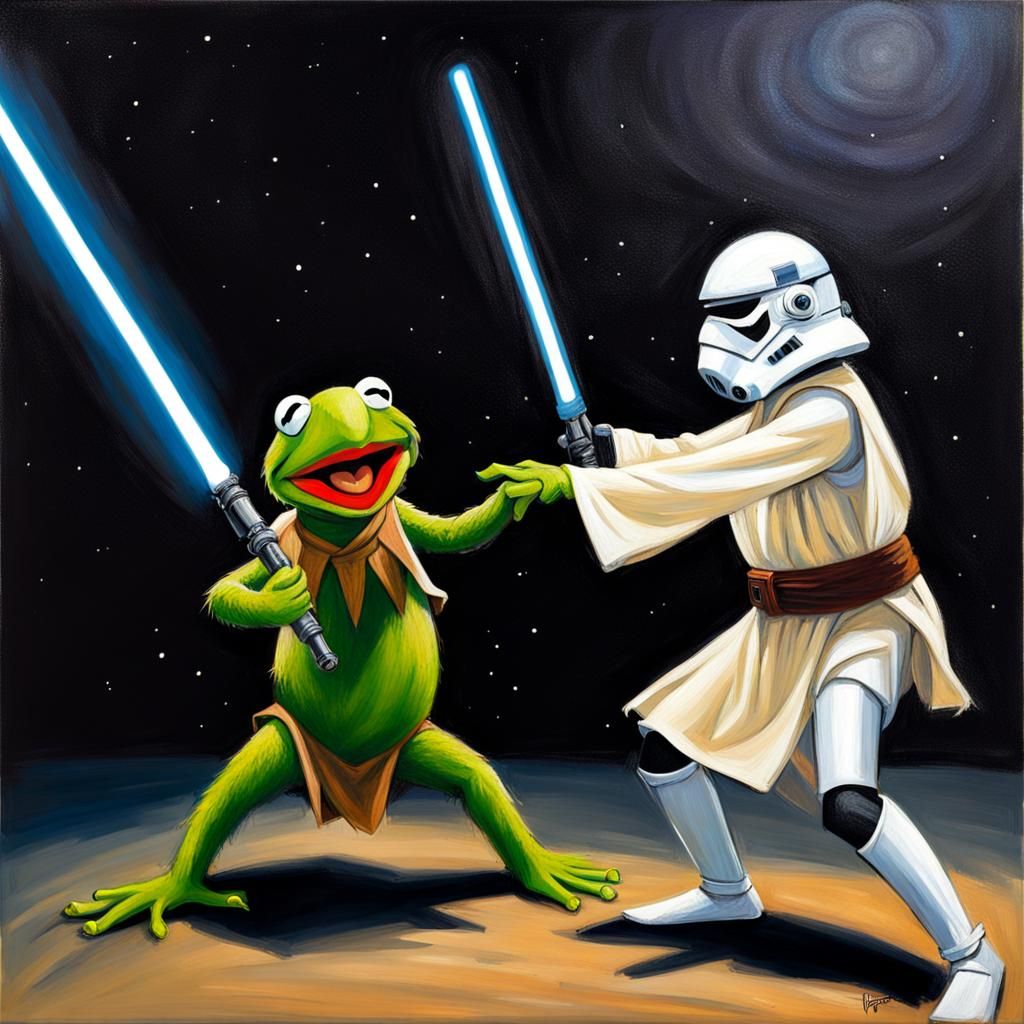 Kermit vs Elmo: Epic Lightsaber Duel as Oil Painting