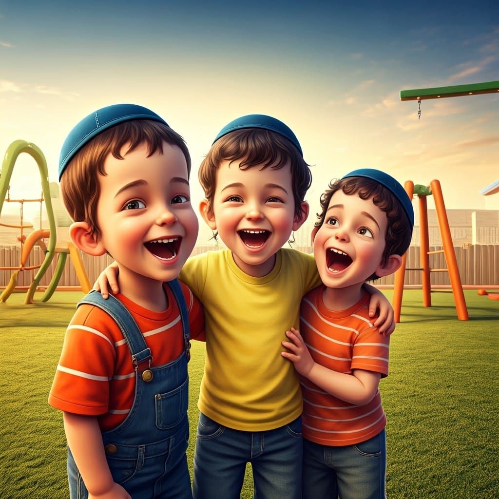 Joyful Jewish Children Play in Vibrant 3D Kindergarten