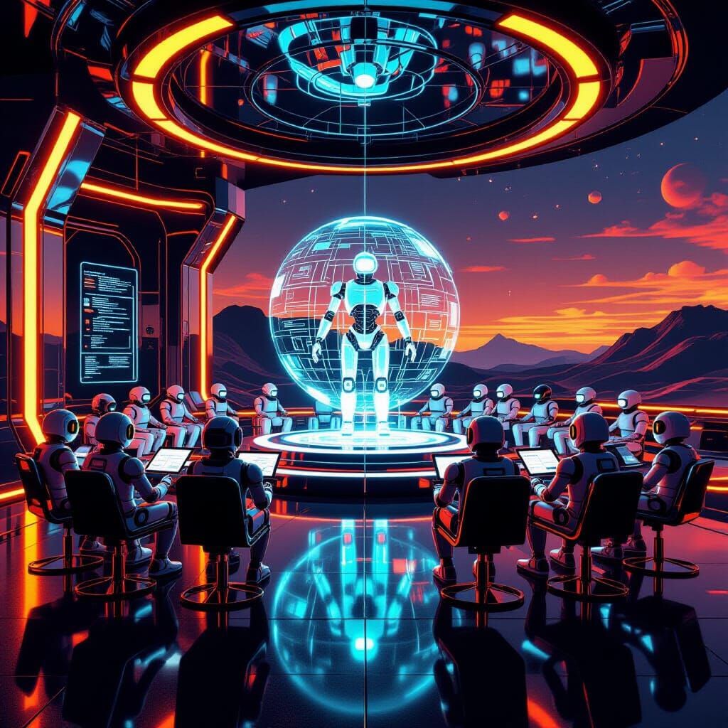 Retro-Futuristic Robots Learn From AI Hologram in Orange Neo...