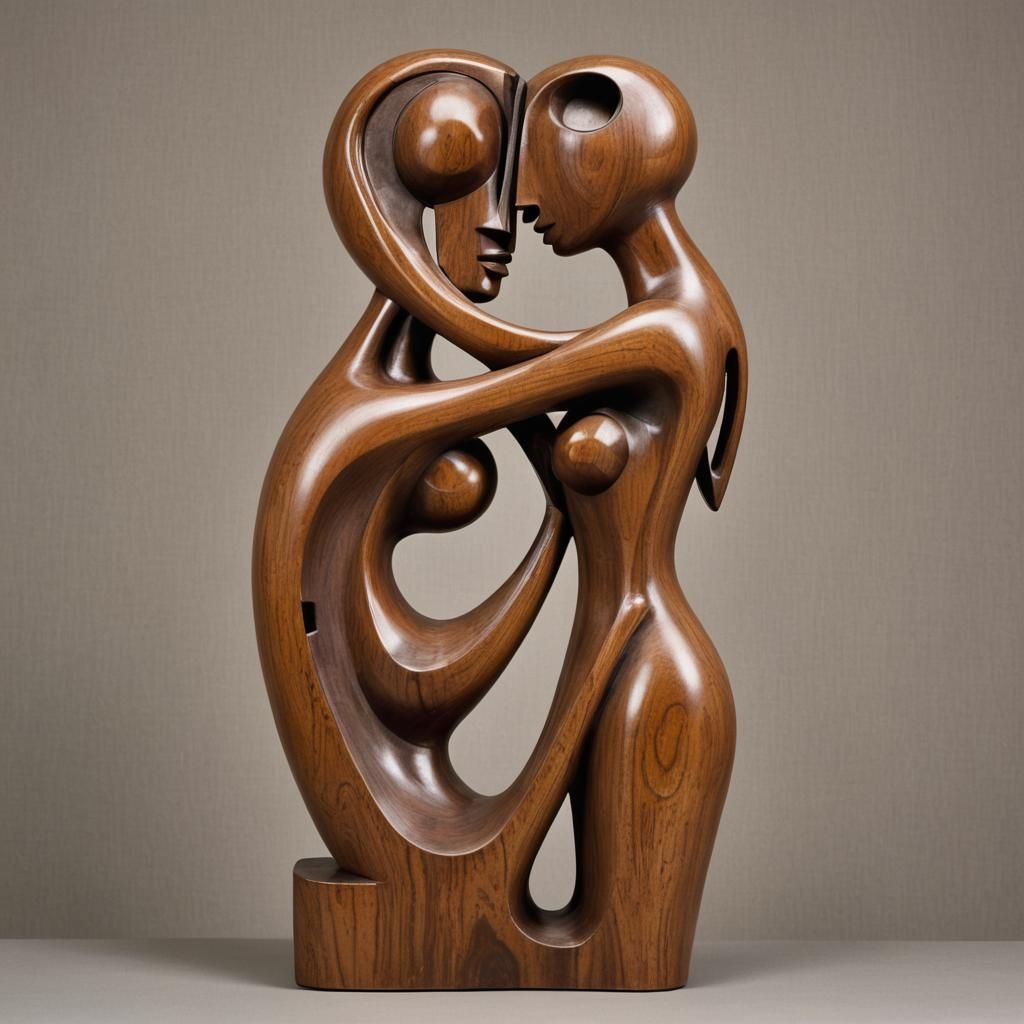 Abstract Wooden Sculpture of Embracing Couple